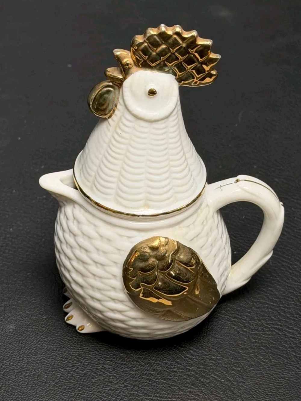 White and Gold Ceramic Rooster Creamer - Decorative Home Accent
